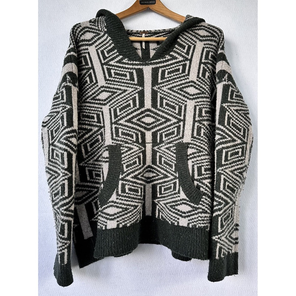 Free People Sweater Wool Blend BOHO Hooded Sz S Black Warm Cozy